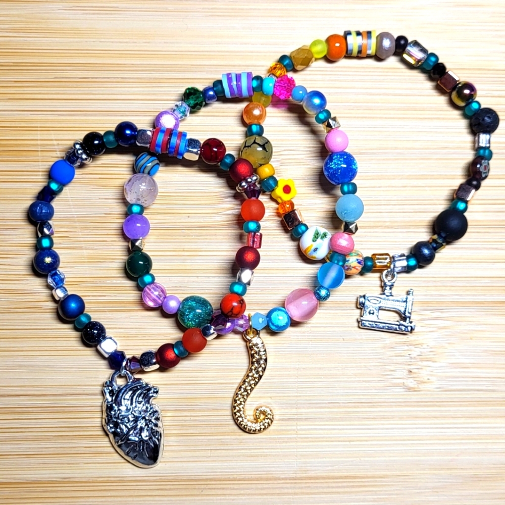 Hummingbird Green Set Of 3 Beaded Bracelets with Charms